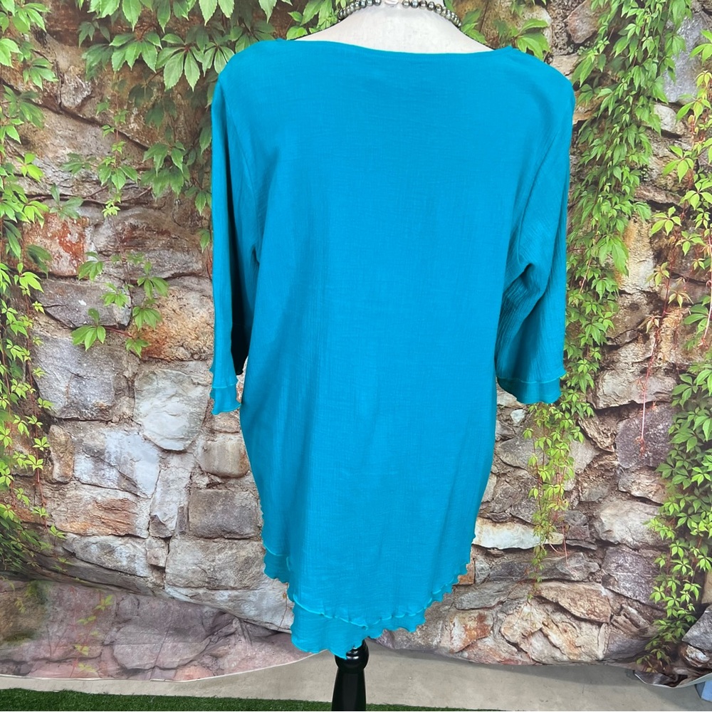 NWT SOFT SURROUNDINGS Scoop Neck 3/4 Sleeve Peacock Green Gauze Layered Blouse M - Picture 7 of 12